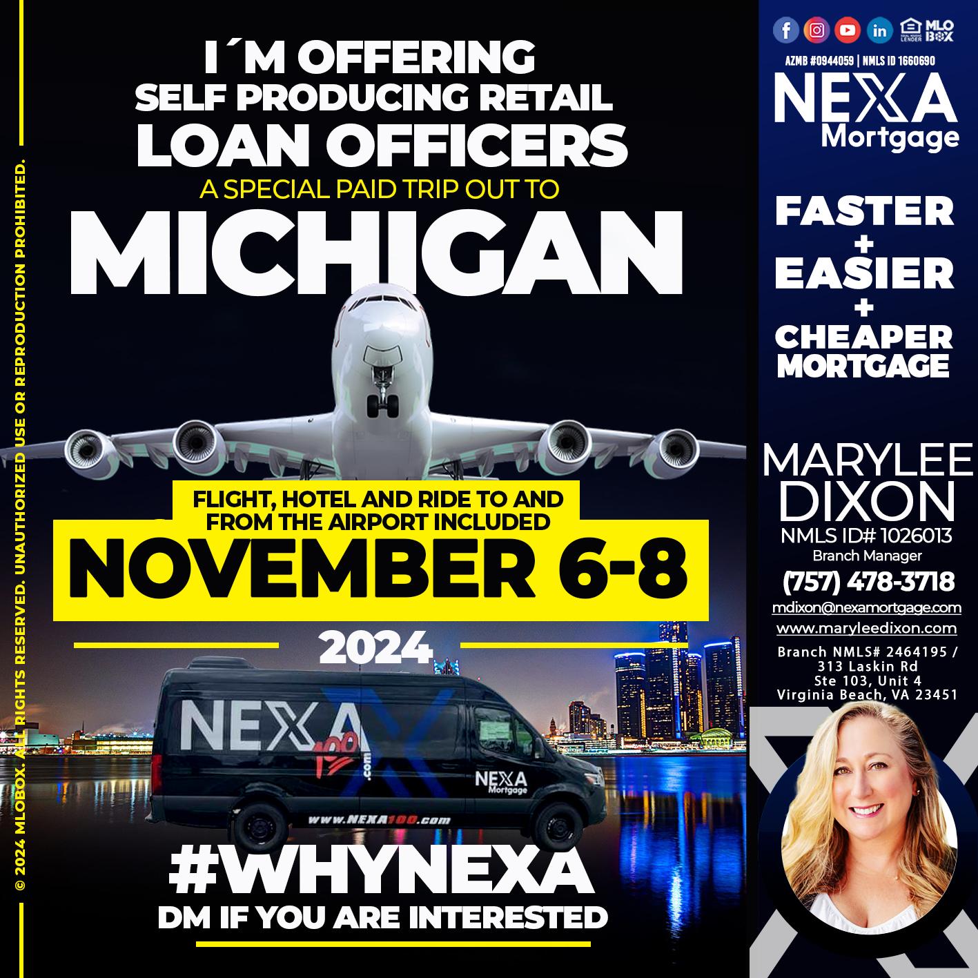 November 6-8 Michigan trip - Marylee Dixon -Branch Manager