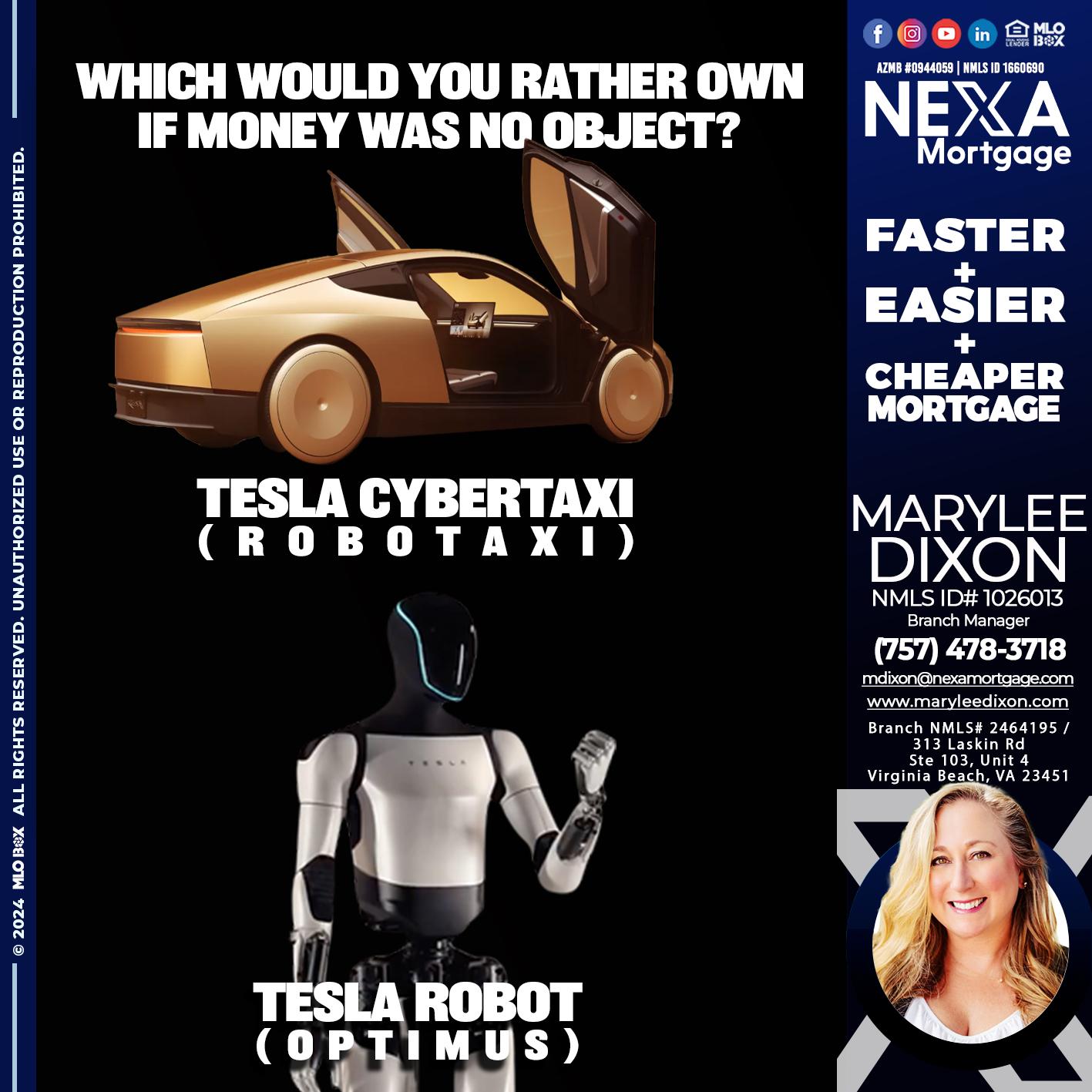 tesla cyber taxy vs tesla robot? - Marylee Dixon -Branch Manager