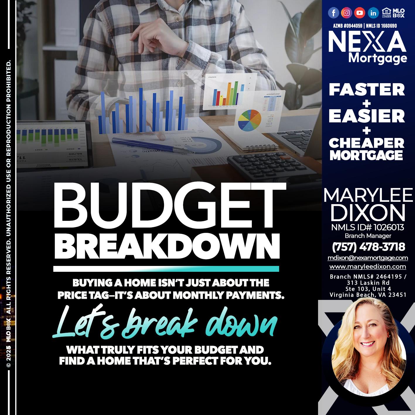 BUDGET BREAKDOWN - Marylee Dixon -Branch Manager