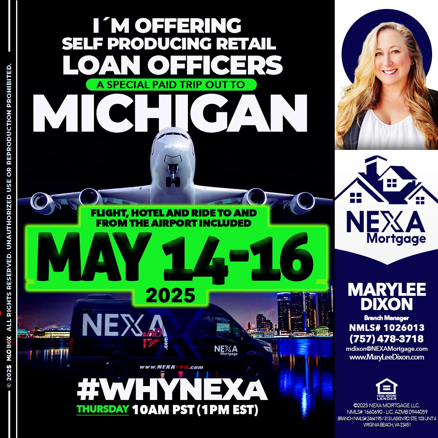 MAY 14-16 MICHIGAN TRIP - Marylee Dixon -Branch Manager