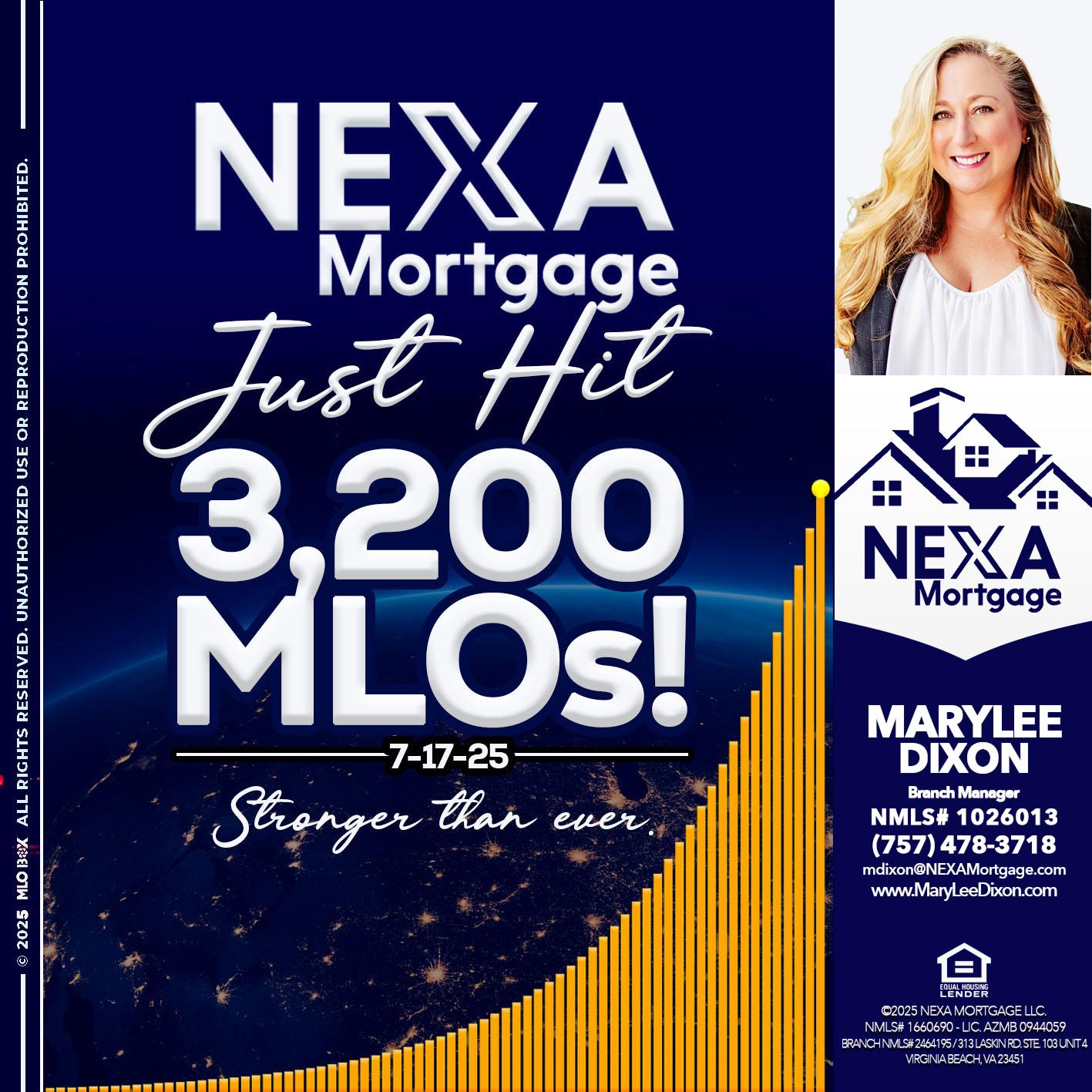 JUST HIT 3,200 MLOs - Marylee Dixon -Branch Manager