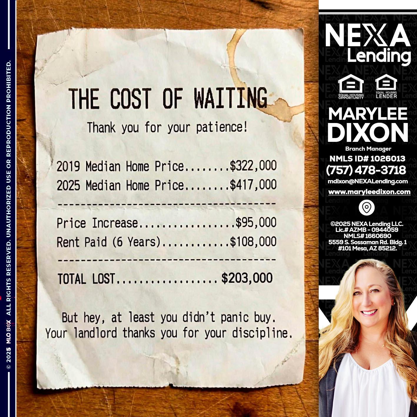 THE COST OF WAITING - Marylee Dixon -Branch Manager