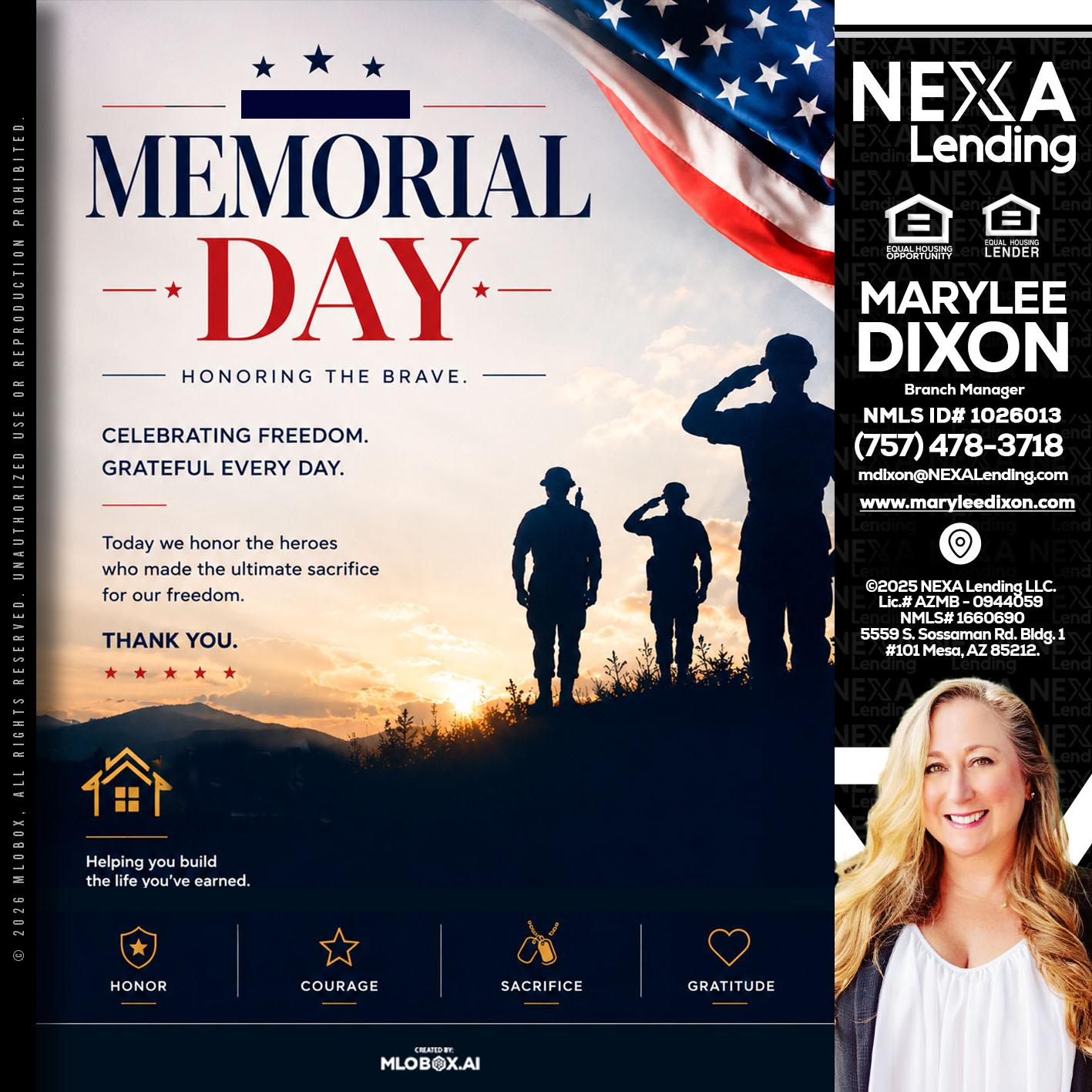 MEMORIAL DAY - Marylee Dixon -Branch Manager