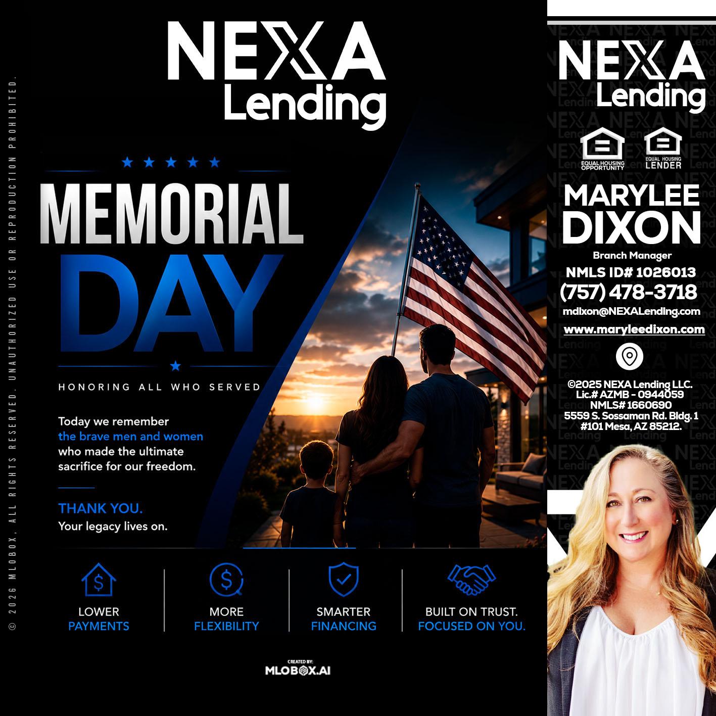 MEMORIAL DAY - Marylee Dixon -Branch Manager